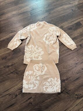 Anthropologie Beige Floral Knit Sweater & Skirt Set